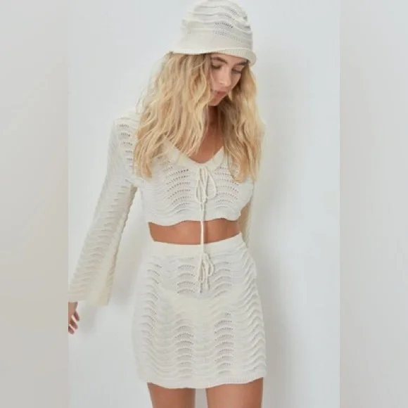 Nasty Gal Womens Wave Crochet Crop Top Mini Skirt and Bucket Hat 3 Pc Set Cream - Picture 11 of 11